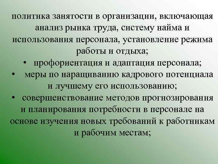 политика занятости в организации, включающая анализ рынка труда, систему найма и использования персонала, установление