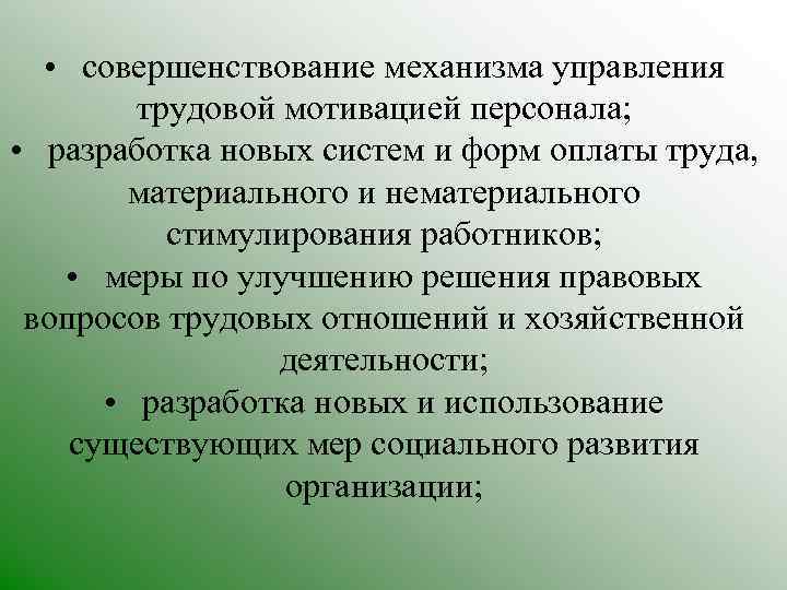  • совершенствование механизма управления трудовой мотивацией персонала; • разработка новых систем и форм