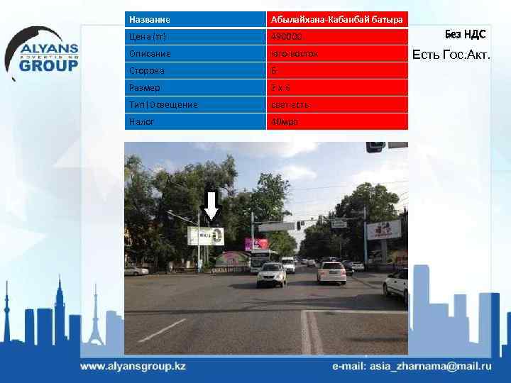 Название Абылайхана-Кабанбай батыра Цена (тг) 490000 Описание юго-восток Сторона Б Размер 3 х6 Тип|Освещение