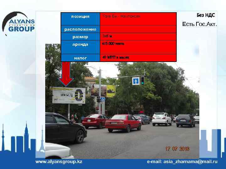 позиция Толе би - Желтоксан Есть Гос. Акт. расположение размер 3 х6 м аренда