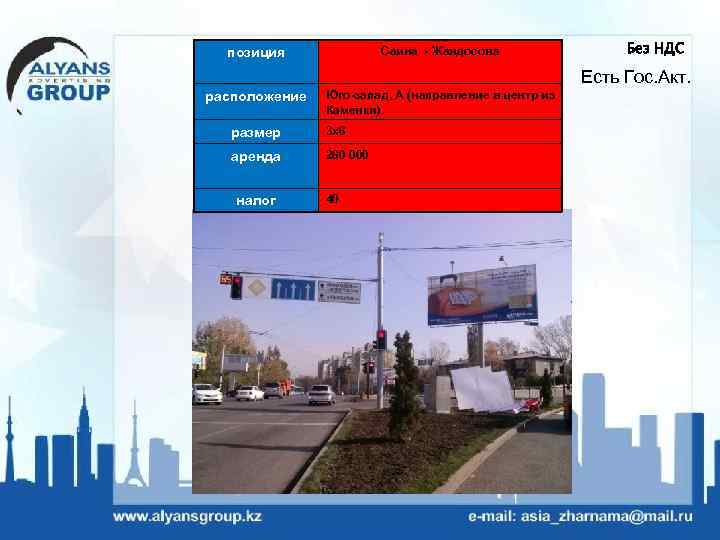 Саина - Жандосова позиция Без НДС Есть Гос. Акт. расположение Юго-запад, А (направление в
