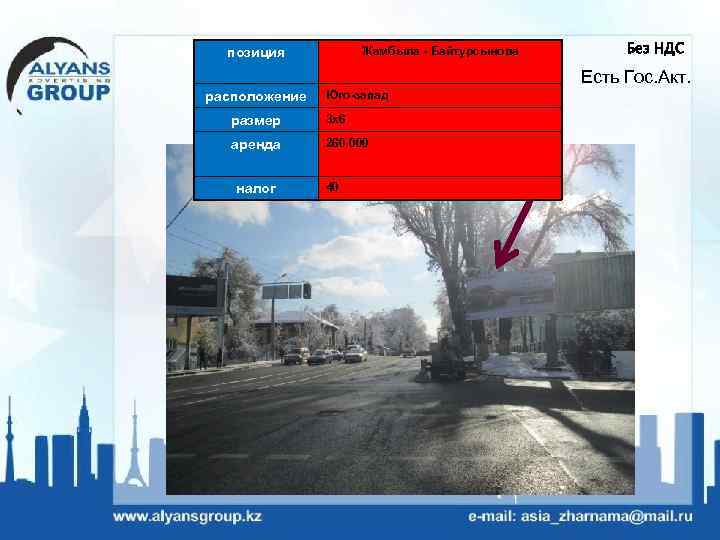 Жамбыла - Байтурсынова позиция Без НДС Есть Гос. Акт. расположение Юго-запад размер 3 х6