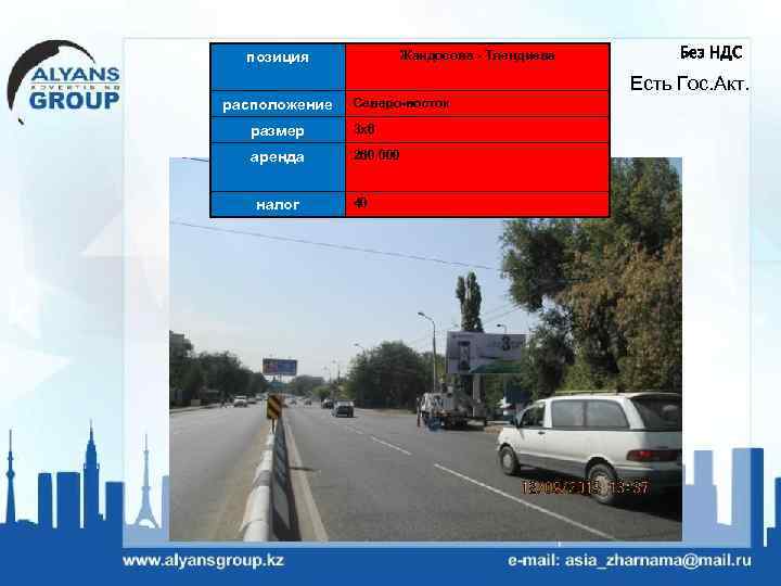 Жандосова - Тлендиева позиция Без НДС Есть Гос. Акт. расположение Северо-восток размер 3 х6