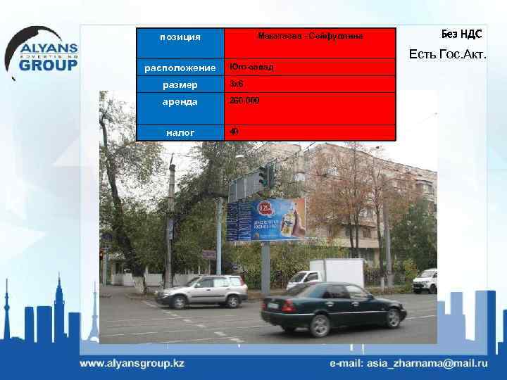 Макатаева - Сейфуллина позиция Без НДС Есть Гос. Акт. расположение Юго-запад размер 3 х6
