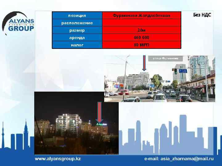 позиция Фурманова Жолдасбекова расположение размер 20 м аренда 600 000 налог 50 МРП Без