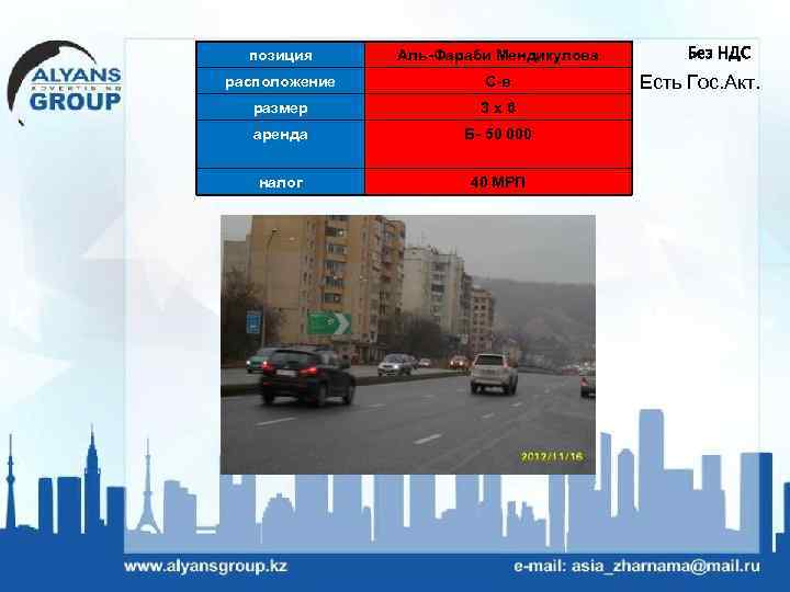 позиция Аль-Фараби Мендикулова расположение С-в размер 3 х6 аренда Б- 50 000 налог 40