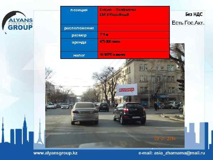 позиция Гоголя – Панфилова СМ Юбилейный Есть Гос. Акт. расположение размер 3*6 м аренда
