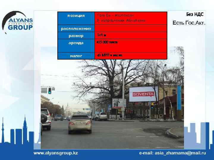 позиция Толе би – Желтоксан В направлении Аблайхана расположение размер 3 х6 м аренда