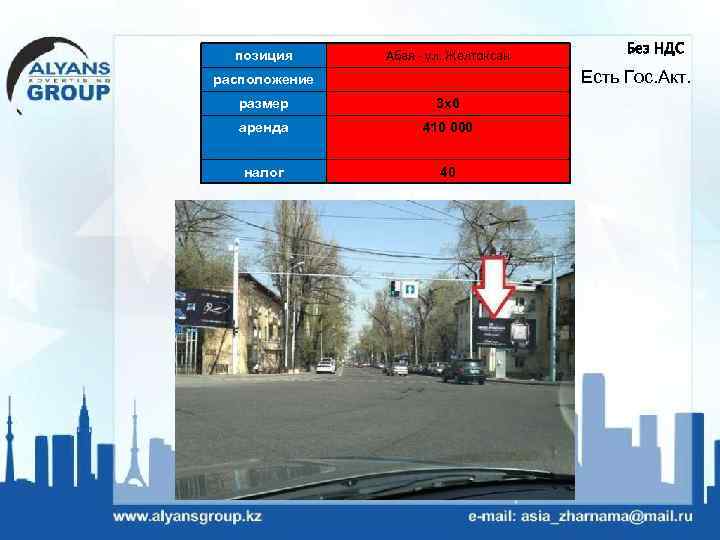 позиция Абая - ул. Желтоксан Без НДС Есть Гос. Акт. расположение размер 3 х6