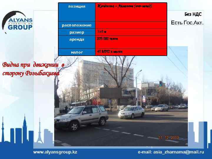 позиция Жандосова – Айманова (юго-запад) Без НДС Есть Гос. Акт. расположение размер 3 х6