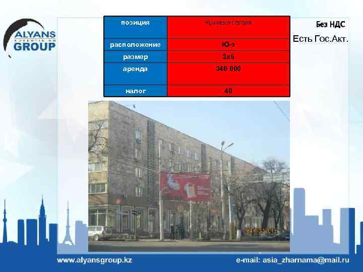 позиция Кунаева-Гоголя расположение Ю-з размер 3 х6 аренда 340 000 налог 40 Без НДС