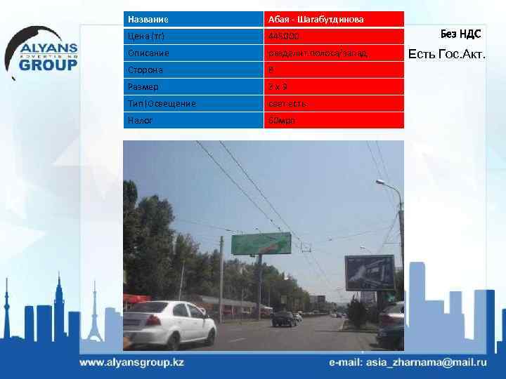 Название Абая - Шагабутдинова Цена (тг) 445000 Описание разделит. полоса/запад Сторона В Размер 3