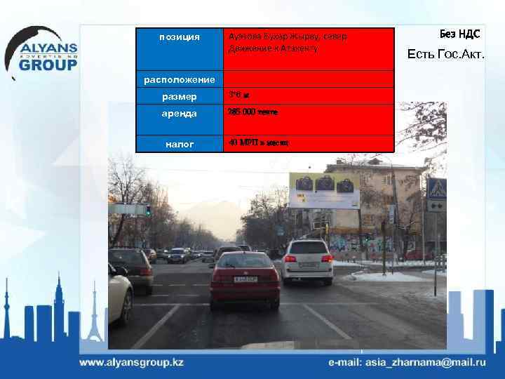 позиция Ауэзова Бухар Жырау, север Движение к Атакенту расположение размер 3*6 м аренда 285