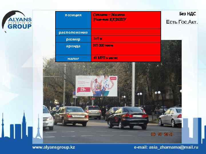 позиция Сатпаева – Масанчи Унив-тет КАЗНТУ расположение размер 3 х6 м аренда 315 000