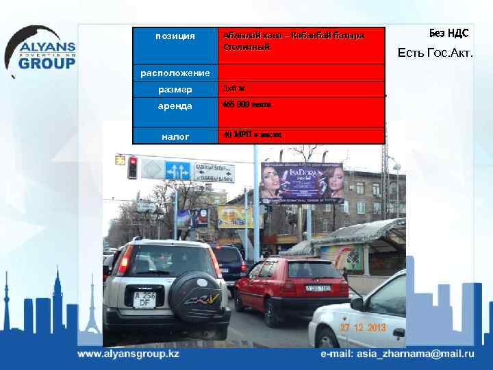 позиция Аблылай хана – Кабанбай батыра Столичный расположение размер 3 х6 м аренда 465