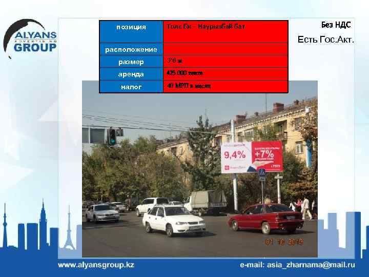позиция Толе би – Наурызбай бат Без НДС Есть Гос. Акт. расположение размер 3*6