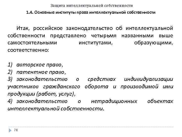 Защита интеллектуальной собственности 1. 4. Основные институты права интеллектуальной собственности Итак, российское законодательство об