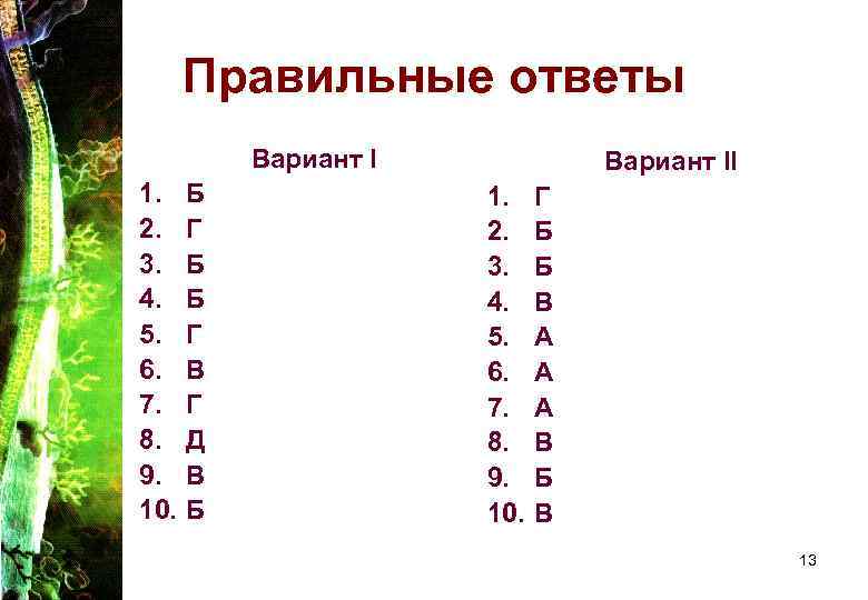 Правильные ответы Вариант I 1. 2. 3. 4. 5. 6. 7. 8. 9. 10.