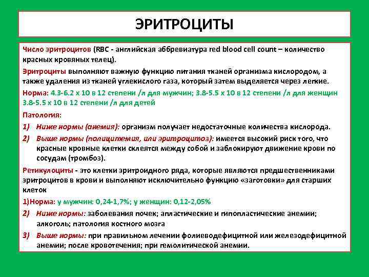 ЭРИТРОЦИТЫ Число эритроцитов (RBC - английская аббревиатура red blood cell count – количество красных