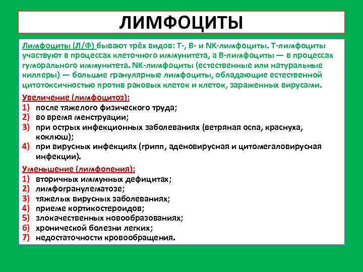 ЛИМФОЦИТЫ Лимфоциты (Л/Ф) бывают трёх видов: Т-, В- и NK-лимфоциты. Т-лимфоциты участвуют в процессах