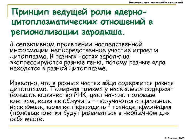 Генетика онтогенеза с основами эмбриологии растений Принцип ведущей роли ядерноцитоплазматических отношений в регионализации зародыша.