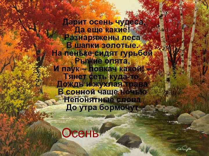  Дарит осень чудеса, Да еще какие! Разнаряжены леса В шапки золотые. На пеньке