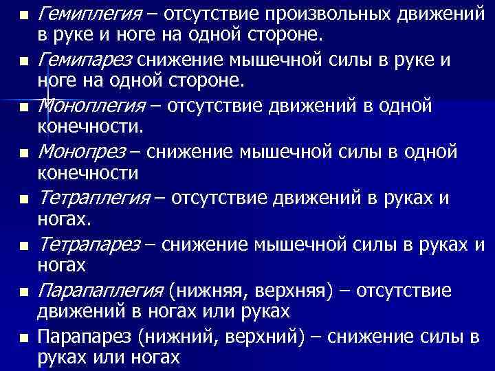 n n n n Гемиплегия – отсутствие произвольных движений в руке и ноге на