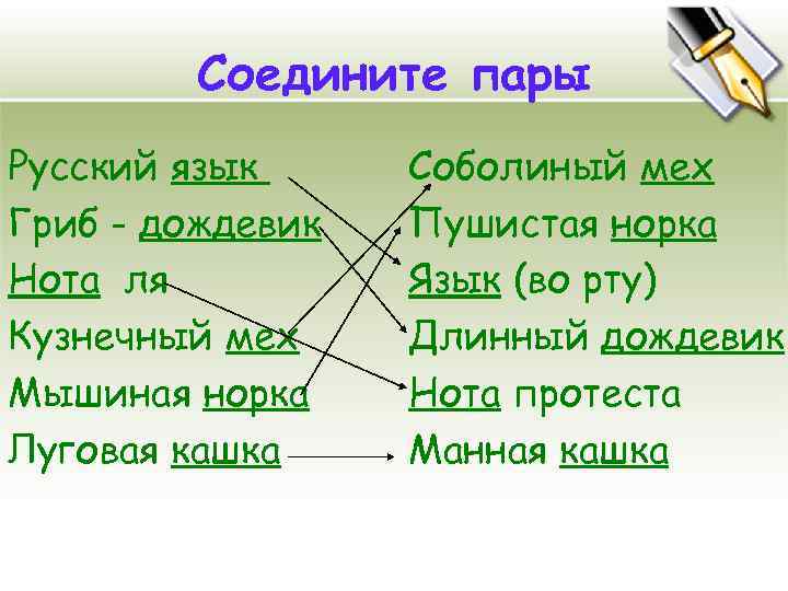 Соедините пары Русский язык Гриб - дождевик Нота ля Кузнечный мех Мышиная норка Луговая