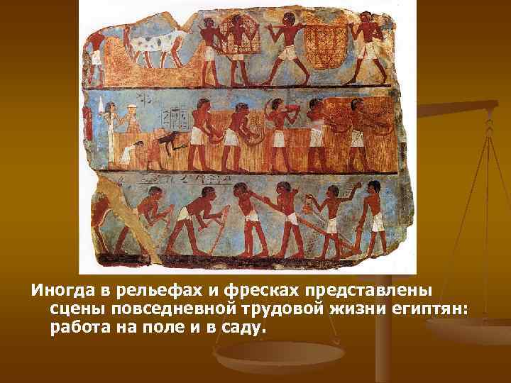 Иногда в рельефах и фресках представлены сцены повседневной трудовой жизни египтян: работа на поле