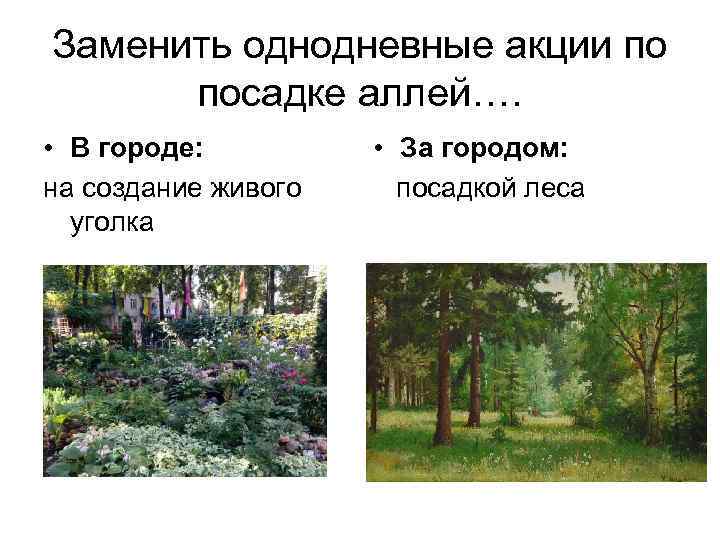 Заменить однодневные акции по посадке аллей…. • В городе: на создание живого уголка •