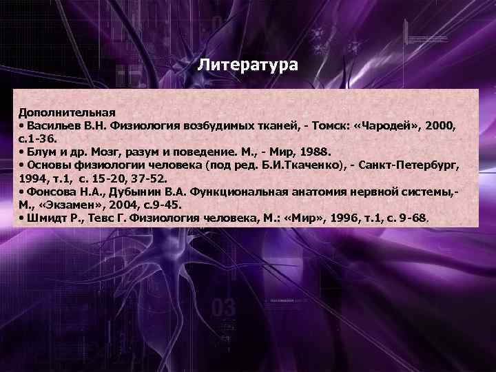 Литература Дополнительная • Васильев В. Н. Физиология возбудимых тканей, - Томск: «Чародей» , 2000,