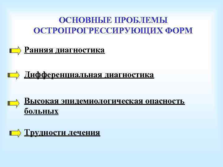 ОСНОВНЫЕ ПРОБЛЕМЫ ОСТРОПРОГРЕССИРУЮЩИХ ФОРМ Ранняя диагностика Дифференциальная диагностика Высокая эпидемиологическая опасность больных Трудности лечения