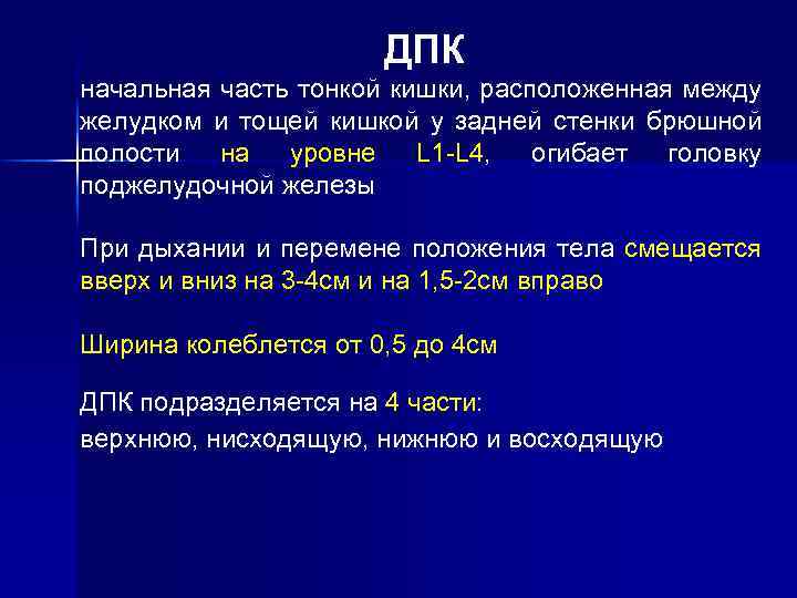 ДПК начальная часть тонкой кишки, расположенная между желудком и тощей кишкой у задней стенки