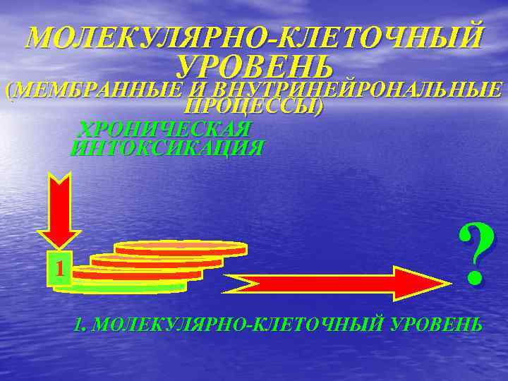 МОЛЕКУЛЯРНО-КЛЕТОЧНЫЙ УРОВЕНЬ (МЕМБРАННЫЕ И ВНУТРИНЕЙРОНАЛЬНЫЕ ПРОЦЕССЫ) ХРОНИЧЕСКАЯ ИНТОКСИКАЦИЯ 1 ? 1. МОЛЕКУЛЯРНО-КЛЕТОЧНЫЙ УРОВЕНЬ 