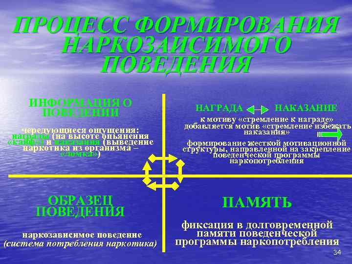 ПРОЦЕСС ФОРМИРОВАНИЯ НАРКОЗАИСИМОГО ПОВЕДЕНИЯ ИНФОРМАЦИЯ О ПОВЕДЕНИИ чередующиеся ощущения: награды (на высоте опьянения «кайф»