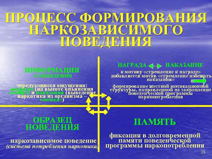 ПРОЦЕСС ФОРМИРОВАНИЯ НАРКОЗАВИСИМОГО ПОВЕДЕНИЯ ИНФОРМАЦИЯ о поведении чередующиеся ощущения: награды (на высоте опьянения «кайф»