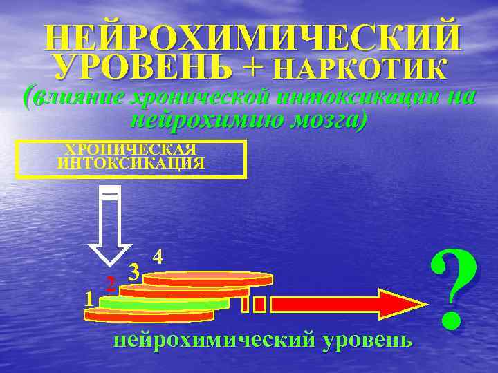 НЕЙРОХИМИЧЕСКИЙ УРОВЕНЬ + НАРКОТИК (влияние хронической интоксикации на нейрохимию мозга) ХРОНИЧЕСКАЯ ИНТОКСИКАЦИЯ 1 3