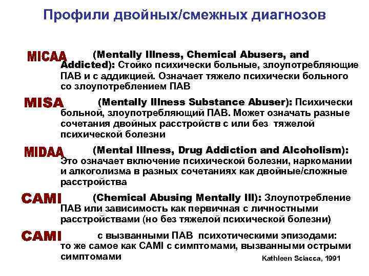 Профили двойных/смежных диагнозов (Mentally Illness, Chemical Abusers, and Addicted): Стойко психически больные, злоупотребляющие ПАВ