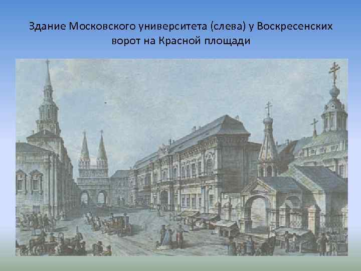 Здание Московского университета (слева) у Воскресенских ворот на Красной площади 