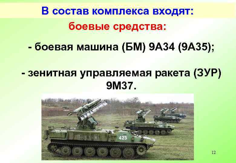 В состав комплекса входят: боевые средства: - боевая машина (БМ) 9 А 34 (9