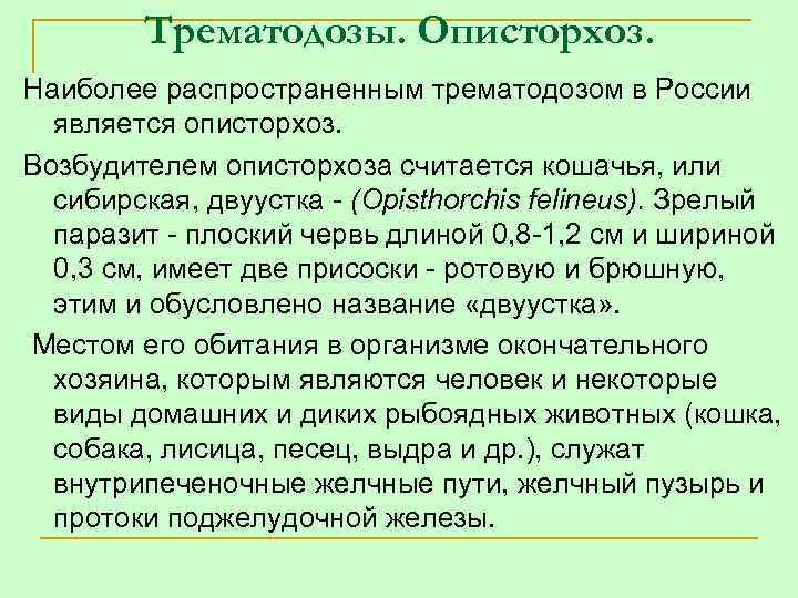 Трематодозы. Описторхоз. Наиболее распространенным трематодозом в России является описторхоз. Возбудителем описторхоза считается кошачья, или