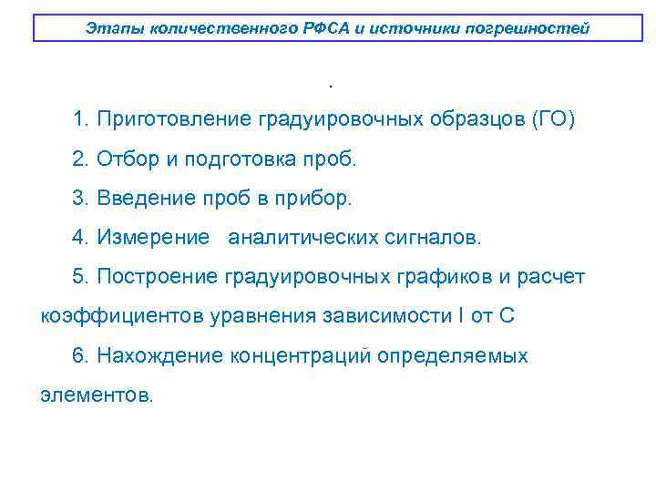Этапы количественного РФСА и источники погрешностей. 1. Приготовление градуировочных образцов (ГО) 2. Отбор и