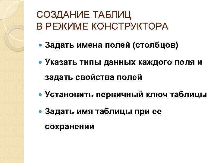 СОЗДАНИЕ ТАБЛИЦ В РЕЖИМЕ КОНСТРУКТОРА Задать имена полей (столбцов) Указать типы данных каждого поля
