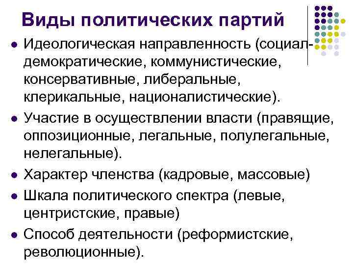 Виды политических партий l l l Идеологическая направленность (социалдемократические, коммунистические, консервативные, либеральные, клерикальные, националистические).
