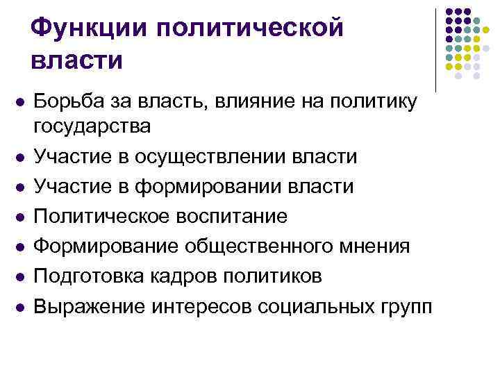 Функции политической власти l l l l Борьба за власть, влияние на политику государства