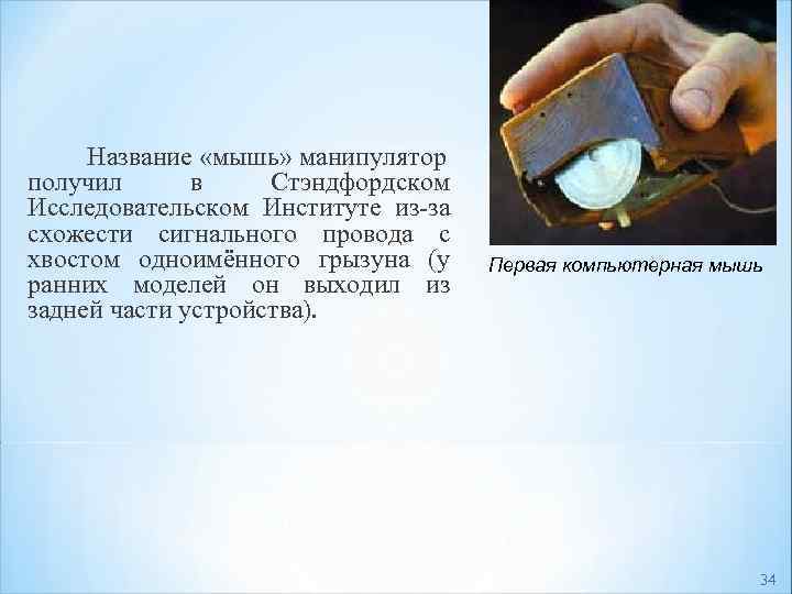 Название «мышь» манипулятор получил в Стэндфордском Исследовательском Институте из-за схожести сигнального провода с хвостом