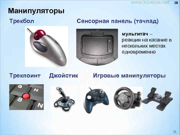 38 Манипуляторы Трекбол Сенсорная панель (тачпад) мультитач – реакция на касание в нескольких местах