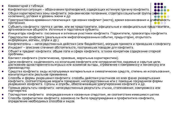 l l l l l Комментарий к таблице: Конфликтная ситуация – обозначение противоречий, содержащих