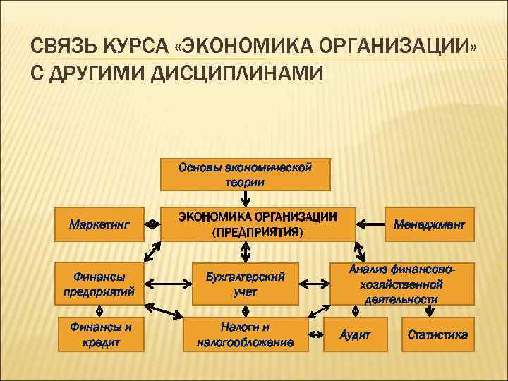 СВЯЗЬ КУРСА «ЭКОНОМИКА ОРГАНИЗАЦИИ» С ДРУГИМИ ДИСЦИПЛИНАМИ Основы экономической теории Маркетинг ЭКОНОМИКА ОРГАНИЗАЦИИ (ПРЕДПРИЯТИЯ)