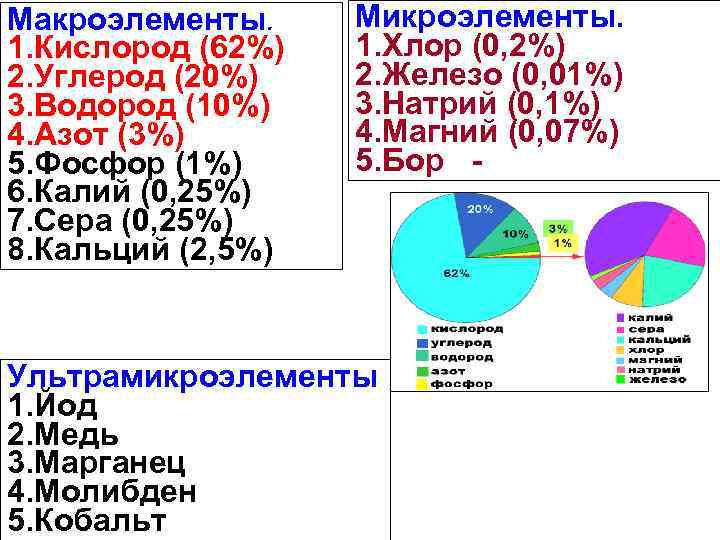 Макроэлементы. 1. Кислород (62%) 2. Углерод (20%) 3. Водород (10%) 4. Азот (3%) 5.